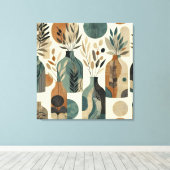 Minimalistische lijnkunst met aardse tonen en blad canvas afdruk (Insitu (Houten vloer))