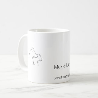 Minimalistische lijnkunst mok met hond en kat en e