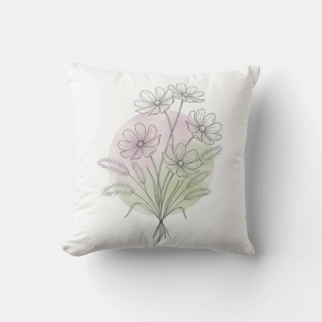 Minimalistische lijnkunst Pastelroze Cosmos bloem Kussen (Voorkant)