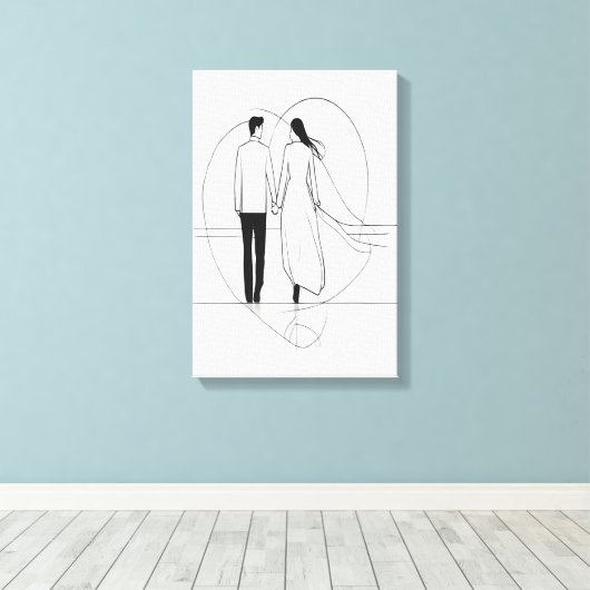 Minimalistische Lijnkunst Romantisch Paar Hand in Canvas Afdruk (Insitu (Houten vloer))