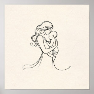 Minimalistische lijnkunst van mama en Baby Poster