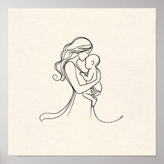 Minimalistische lijnkunst van mama en Baby Poster