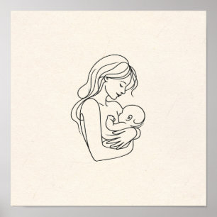 Minimalistische lijnkunst van moeder en baby poster