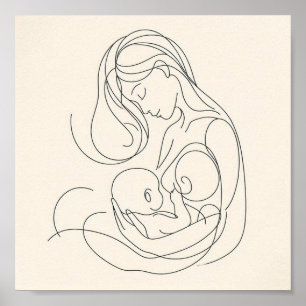 Minimalistische lijnkunst van moeder en baby poster