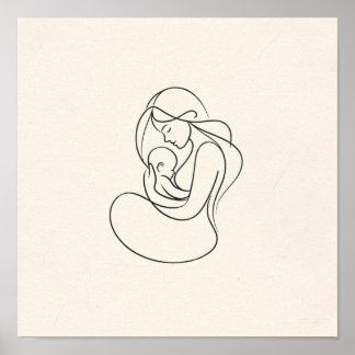 Minimalistische lijnkunst van moeder en baby poster