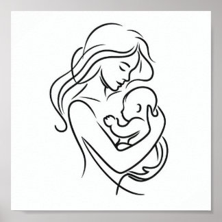 Minimalistische lijnkunst van moeder en baby poster