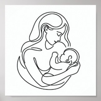 Minimalistische lijnkunst van moeder en baby poster