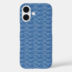 Minimalistische lijnkunst vis Oceaanblauw iPhone 16 Hoesje