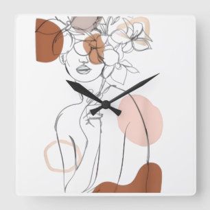 Minimalistische lijnkunst wandklok – bloemenkopont