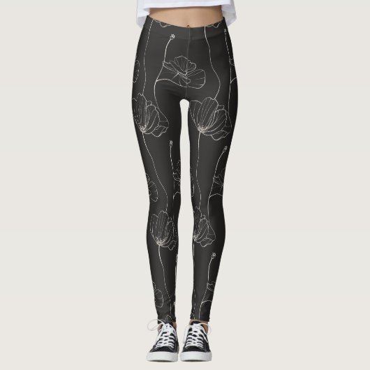 Minimalistische lijnkunst zwart-wit bloemenpatroon leggings (Voorkant)