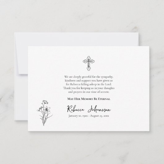 Minimalistische lijntekening bloem orthodoxe begra bedankkaart (Voorkant)