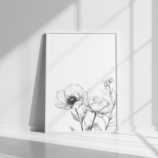 Minimalistische lijntekening Bloem Zwart-wit Poster