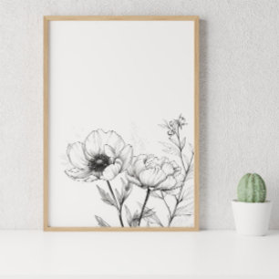 Minimalistische lijntekening Bloem Zwart-wit Poster