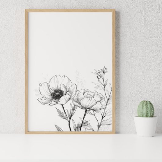 Minimalistische lijntekening Bloem Zwart-wit Poster
