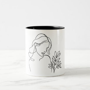 Minimalistische lijntekening portretteren vrouw tweekleurige koffiemok