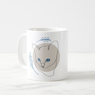 Minimalistische lijntekening van een blauwe kat koffiemok