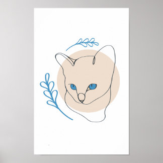 Minimalistische lijntekening van een blauwe kat poster