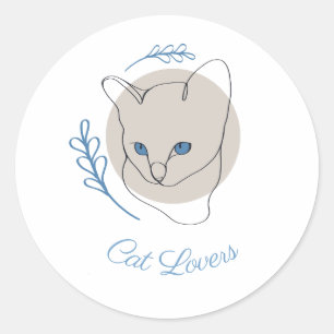 Minimalistische lijntekening van een blauwe kat ronde sticker