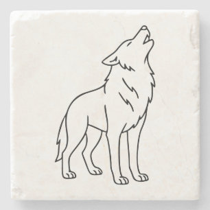 Minimalistische lijntekening van een wolf – Huilen Stenen Onderzetter