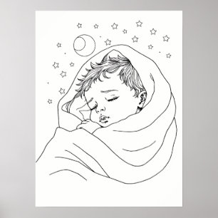 Minimalistische lijntekening van slapend kind poster