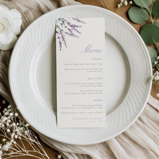 Minimalistische Lila Bloemen Bruiloft Menu