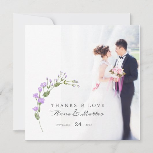 Minimalistische lila bloemenbruiloft bedankkaart (Voorkant)