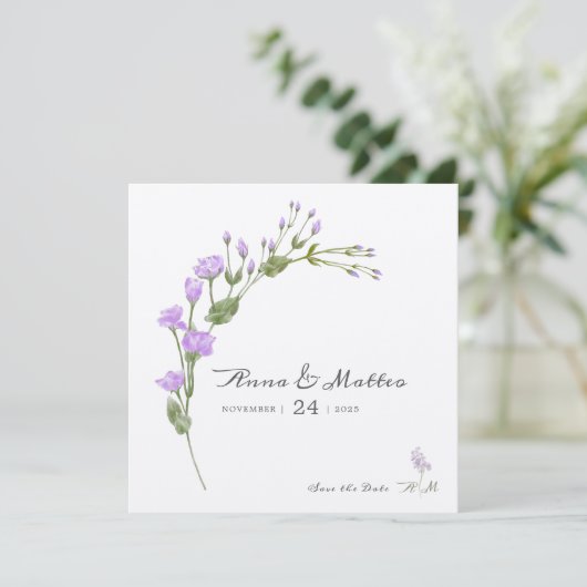 Minimalistische lila bloemige Flat Save The Date H (Staand voorkant)