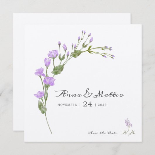 Minimalistische lila bloemige platte Save The Date (Voorkant / Achterkant)