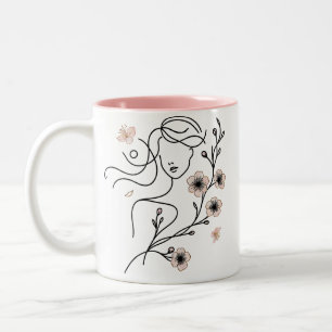 Minimalistische Line Art Cherry Blossom Mok, vrouw Tweekleurige Koffiemok