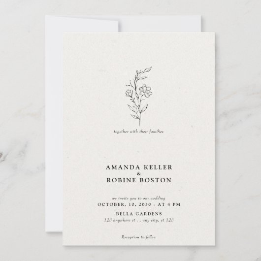 Minimalistische Line Art Floral bruiloft uitnodigi Kaart (Voorkant)