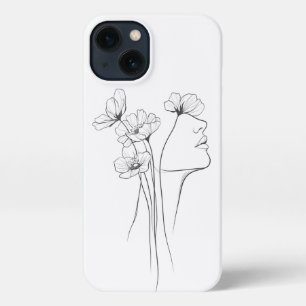 Minimalistische Line Art Gezicht met Bloemen Telef iPhone 13 Hoesje