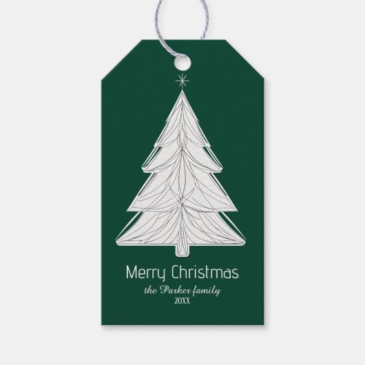 Minimalistische Line-Art kerstboom met geometrisch Cadeaulabel (Voorkant)