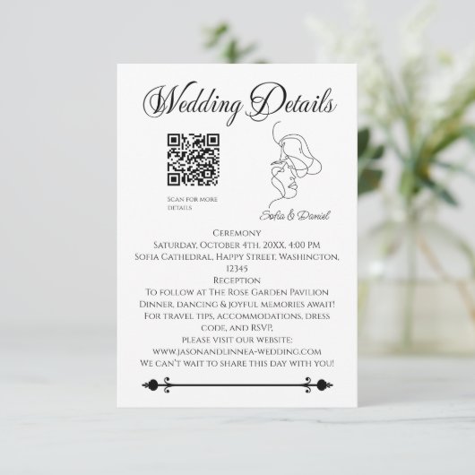 Minimalistische Line Art Paar illustratie Trouwen Informatiekaartje (Staand voorkant)