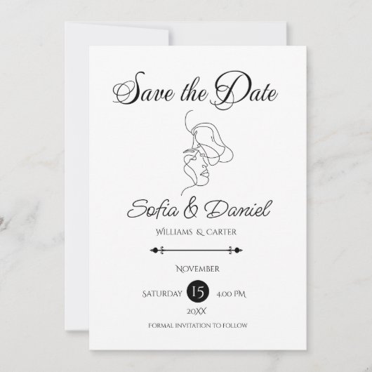 Minimalistische Line Art Paar illustratie Trouwen Save The Date (Voorkant)