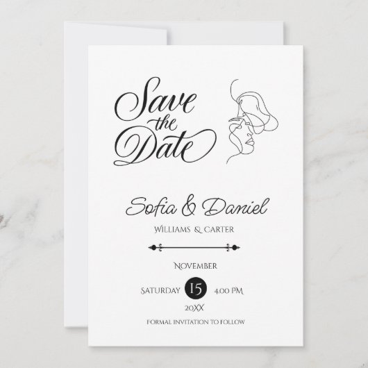 Minimalistische Line Art Paar illustratie Trouwen Save The Date (Voorkant)