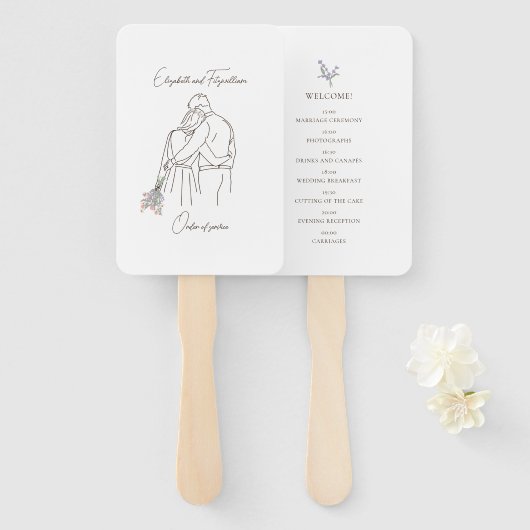 Minimalistische Line Art Paar Knuffelen met Boeket Handwaaier (Voorkant en achterkant)