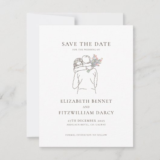 Minimalistische Line Art Romantisch paar met bloem Save The Date (Voorkant)