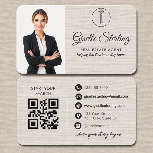 Minimalistische Linen Vastgoed QR Code Visitekaartje