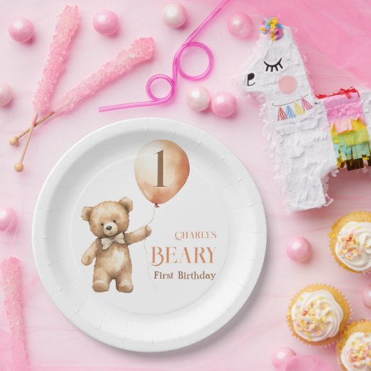 Minimalistische Little Beer Beige Beary 1e Verjaar Papieren Bordje (Feest)