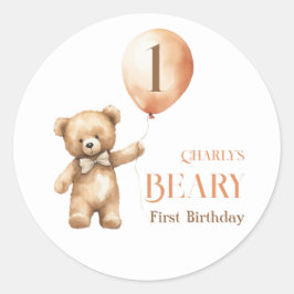 Minimalistische Little Beer Beige Beary 1e Verjaar Ronde Sticker