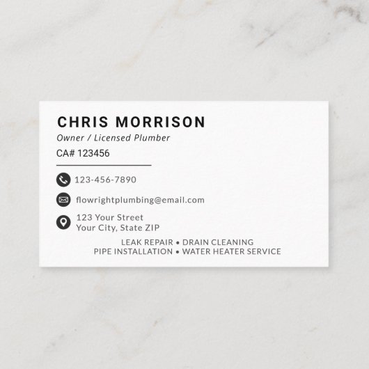 Minimalistische loodgieter met licentie aannemer visitekaartje (Achterkant)