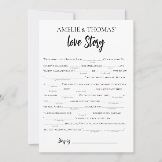 Minimalistische Love Story Bridal Libs Game Kaart (Voorkant)