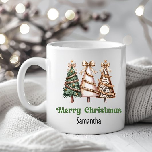 Minimalistische luipaard kerstbomen gepersonalisee koffiemok