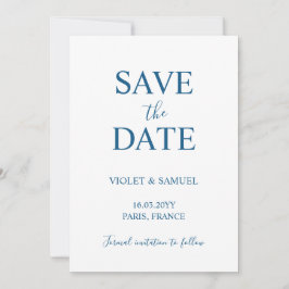 Minimalistische luxe blauwe trouwkaart 'Save the D Save The Date