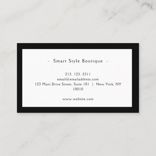 Minimalistische luxe boetiek wit en zwart visitekaartje (Achterkant)
