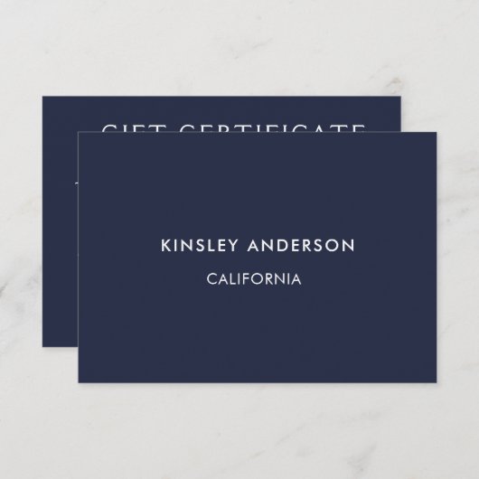 Minimalistische luxe navyblauwe cadeaubon (Voorkant / Achterkant)