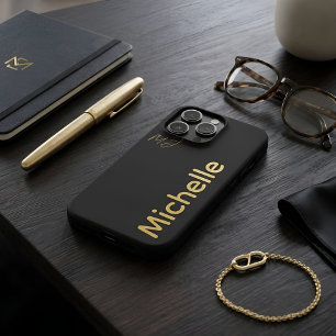 Minimalistische luxe zwart goud aangepaste naam iPhone 15 pro case