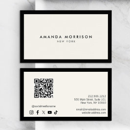 Minimalistische luxe zwart/ivoor QR Code Social Me Visitekaartje