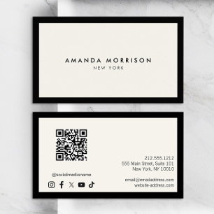 Minimalistische luxe zwart/ivoor QR Code Social Me Visitekaartje