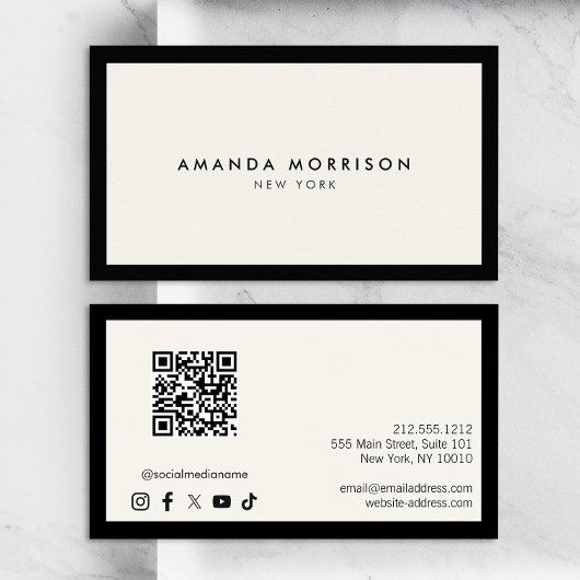 Minimalistische luxe zwart/ivoor QR Code Social Me Visitekaartje